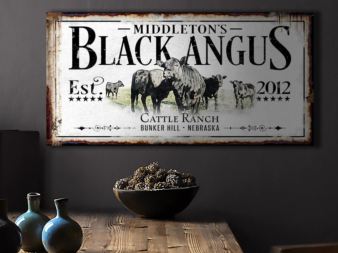 Black Angus Cattle Ranch Sign | Last Name Farmhouse Sign | Farmhouse Sign | Ranch House Plans | Farm Wall Decor | Distressed Sign