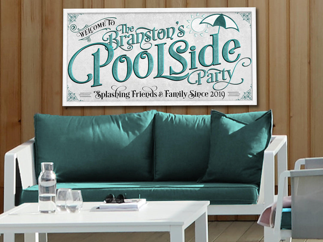 Personalized Poolside Party on Metal or Canvas! | Custom Family Name Sign | Modern Farmhouse Sign | Teal Blue Pool Decor | Pool Party Sign