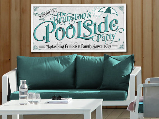 Personalized Poolside Party on Metal or Canvas! | Custom Family Name Sign | Modern Farmhouse Sign | Teal Blue Pool Decor | Pool Party Sign