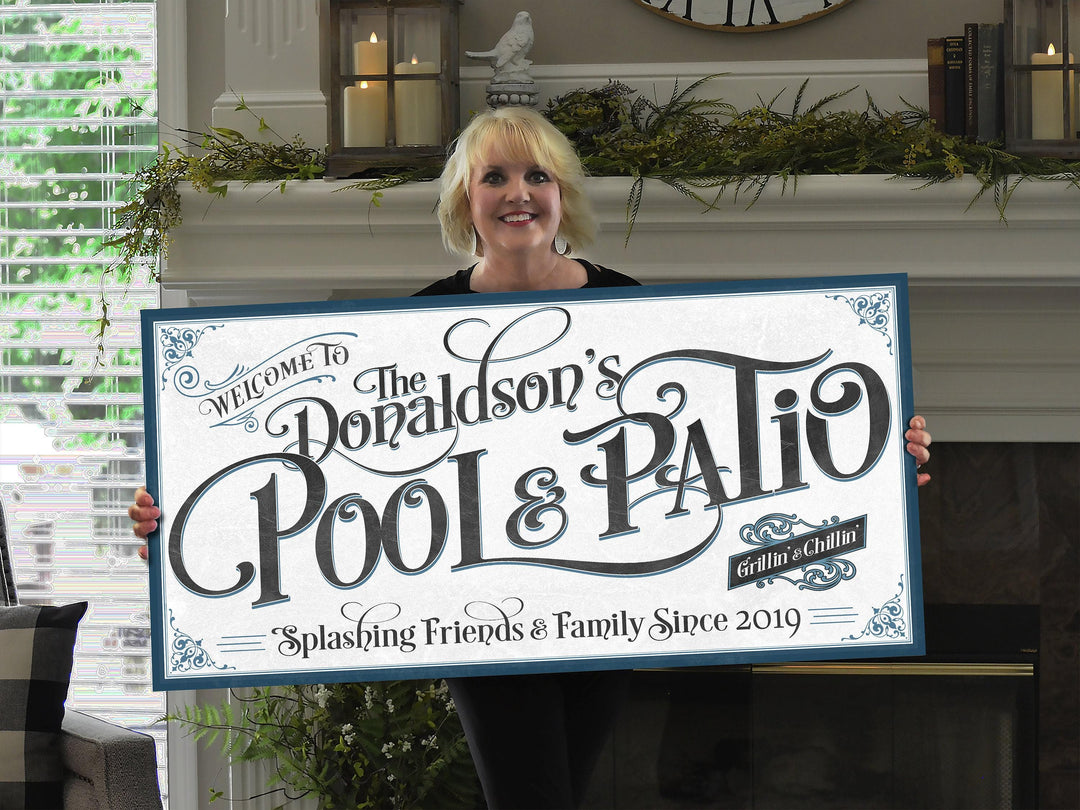 Personalized Pool & Patio with Blue Highlights | Custom Family Name Sign | Modern Farmhouse Sign | Teal Blue Patio Decor | Custom Pool Sign