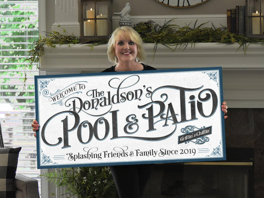 Personalized Pool & Patio with Blue Highlights | Custom Family Name Sign | Modern Farmhouse Sign | Teal Blue Patio Decor | Custom Pool Sign