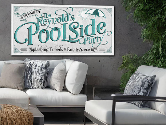Personalized Poolside Party on Metal or Canvas! | Custom Family Name Sign | Modern Farmhouse Sign | Teal Blue Pool Decor | Pool Party Sign
