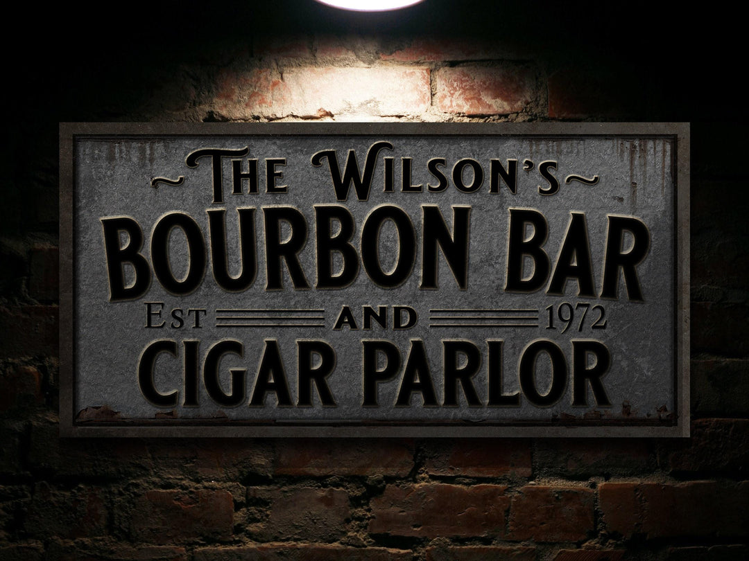 Pewter-Styled Farmhouse Bourbon Bar Sign | Personalized Bourbon Sign | Bourbon Cigar Lounge Sign | Family Name Bar Sign | Family Bar Sign
