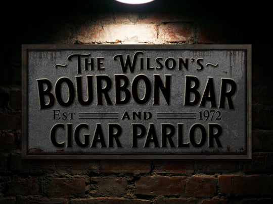 Pewter-Styled Farmhouse Bourbon Bar Sign | Personalized Bourbon Sign | Bourbon Cigar Lounge Sign | Family Name Bar Sign | Family Bar Sign