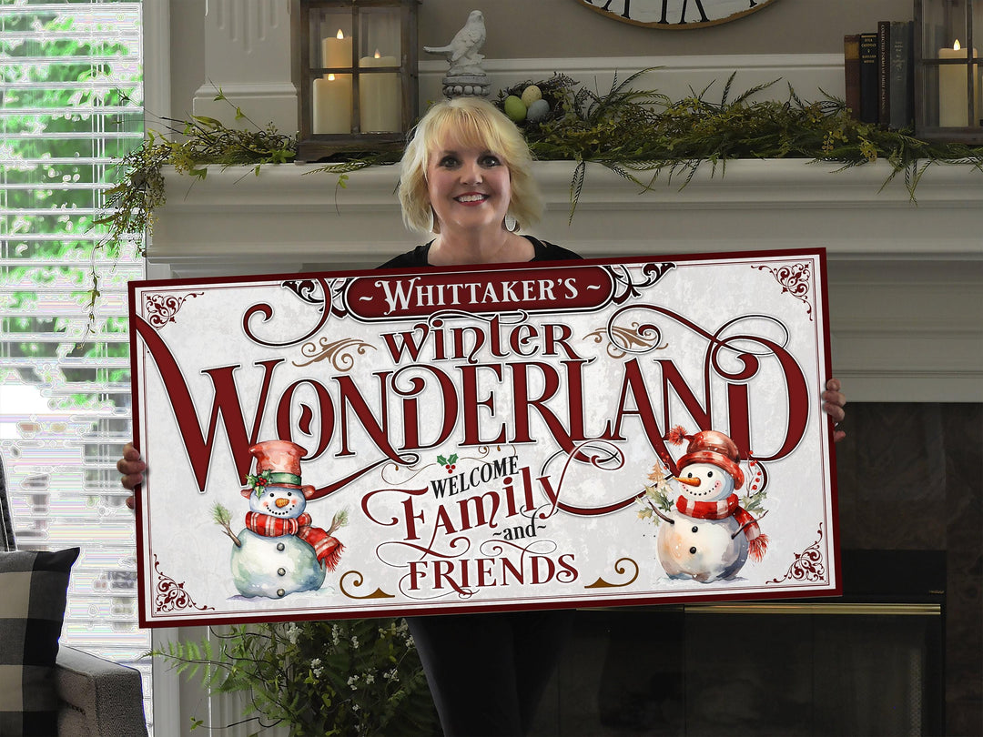 Vivid Crimson Winter Sign | Winter Decor | Personalized Winter Sign | Snowman Family Sign | Snowman Big Canvas | Snowman Big Metal Sign