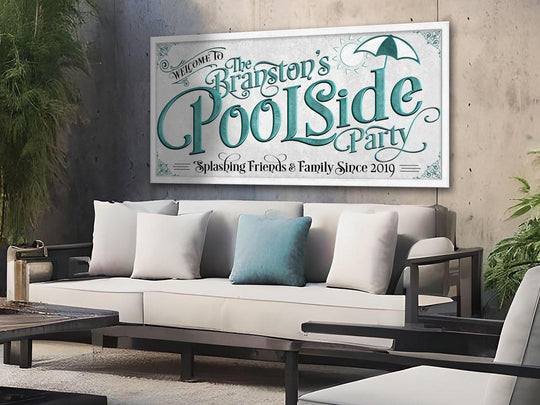 Personalized Poolside Party on Metal or Canvas! | Custom Family Name Sign | Modern Farmhouse Sign | Teal Blue Pool Decor | Pool Party Sign