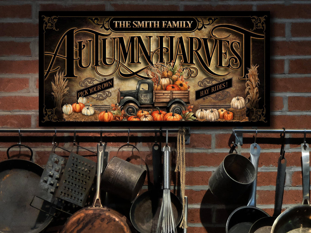 Autumn Harvest Vintage Pumpkin Truck Sign personalized with your family name and Est. Year.