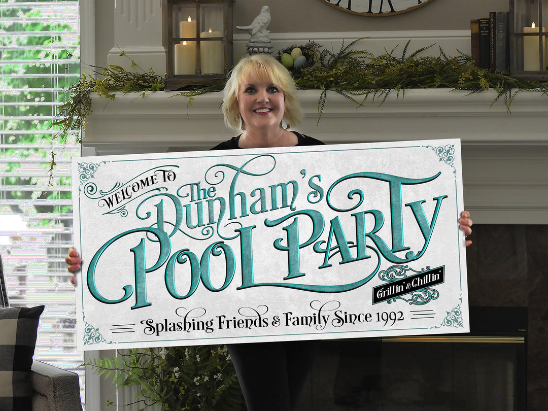 Personalized Pool Party Patio Decor | Custom Family Name Pool Sign | Modern Farmhouse Pool Sign | Teal Blue Pool Decor | Pool Party Sign