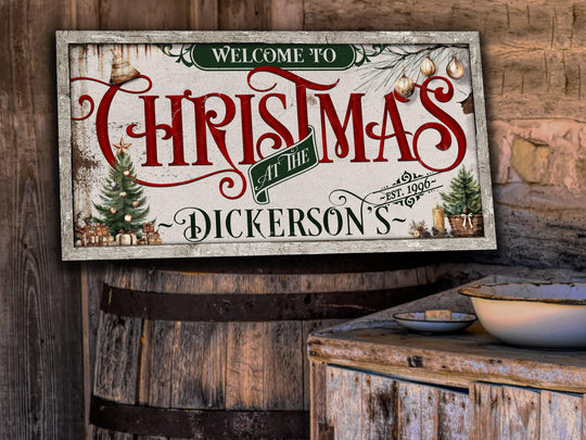 Family Christmas Sign | Personalized Welcome Christmas Decor Sign | Rustic Christmas Sign | Farmhouse Christmas | Large Canvas | Large Metal