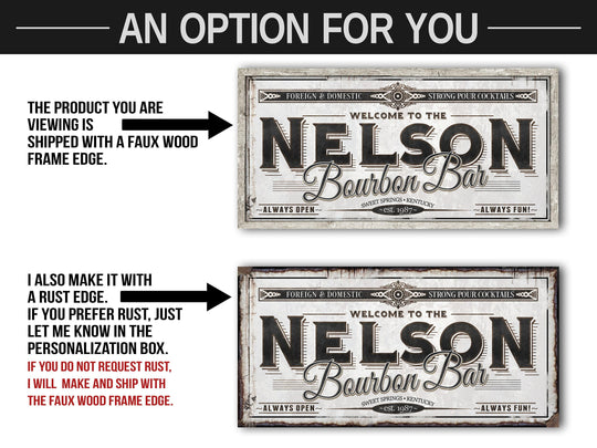 Personalized Bourbon Bar Sign - Metal or Canvas | Custom Bourbon Bar Sign | Personalized Family Bourbon Sign | Large Metal Wall Art