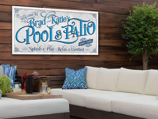 Personalized Pool & Patio | Metal or Canvas! | Custom Family Name Sign | Modern Farmhouse Sign | Pacific Blue Patio Decor | Custom Pool Sign
