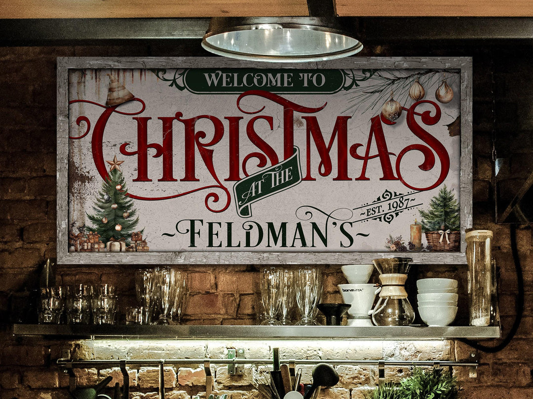 Family Christmas Sign | Personalized Welcome Christmas Decor Sign | Rustic Christmas Sign | Farmhouse Christmas | Large Canvas | Large Metal
