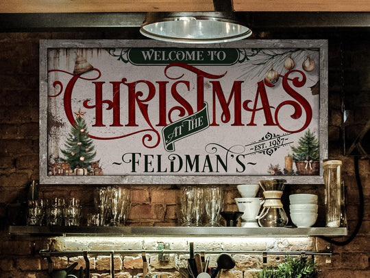 Family Christmas Sign | Personalized Welcome Christmas Decor Sign | Rustic Christmas Sign | Farmhouse Christmas | Large Canvas | Large Metal