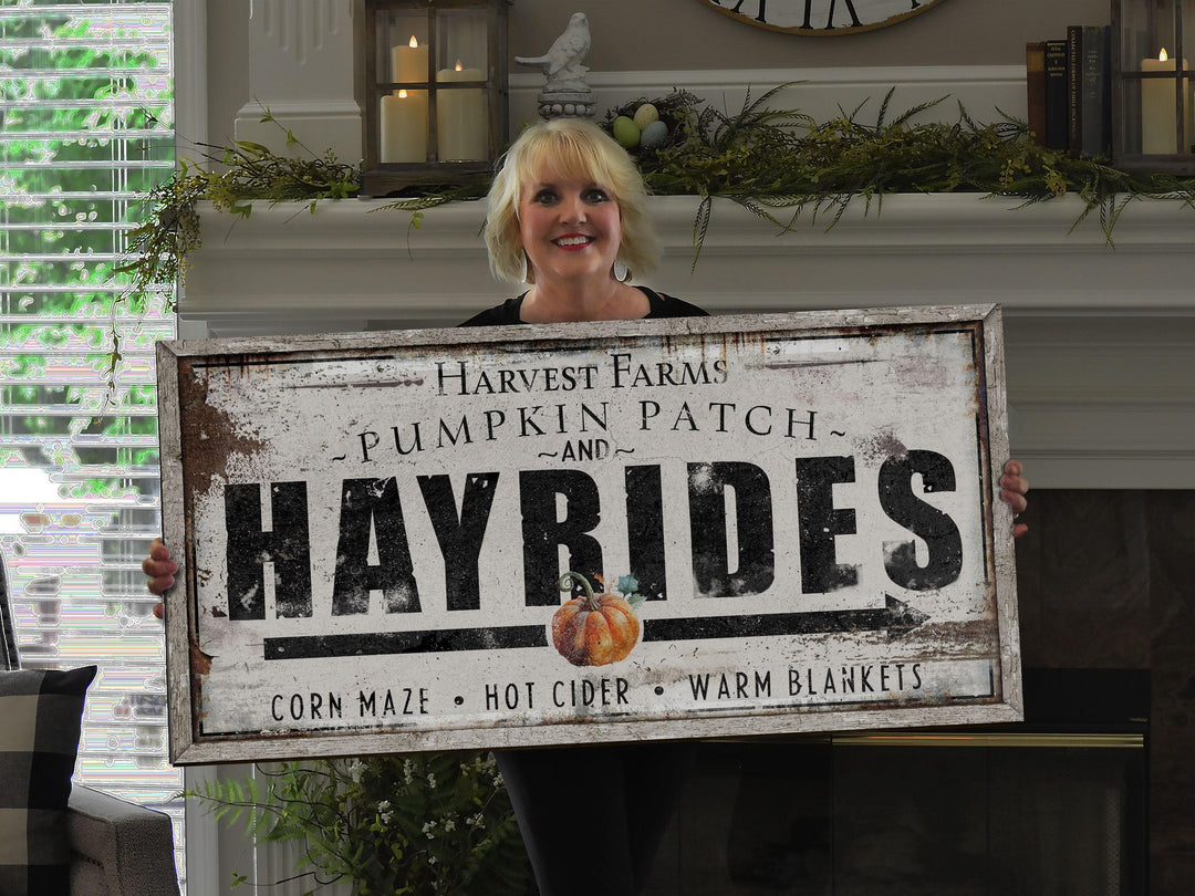Hayrides Pumpkin Sign | Farmhouse Pumpkin Sign | Autumn Fall Sign | Autumn Sign | Rustic Pumpkin Sign | Autumn Pumpkin Decor | Xlarge Sign