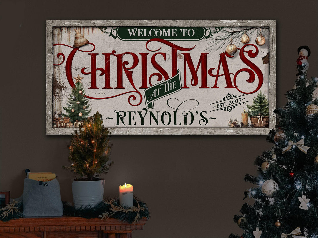 Family Christmas Sign | Personalized Welcome Christmas Decor Sign | Rustic Christmas Sign | Farmhouse Christmas | Large Canvas | Large Metal
