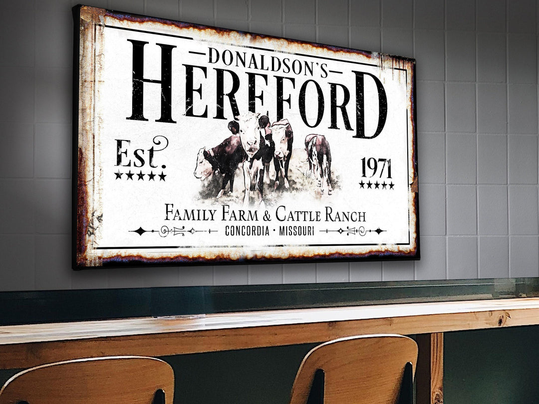 Hereford Cattle Ranch Sign | Last Name Farmhouse Sign | Farmhouse Sign | Ranch House Plans | Farm Wall Decor | Distressed Sign