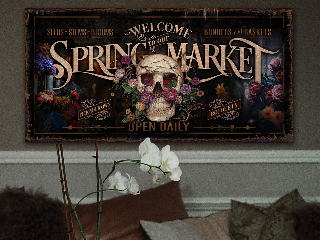 Sugar Skull Spring Market Sign | Sugar Skull Decor | Skull Decor | Spring Flower Decor | Spring Wall Decor | Rustic Spring Decor