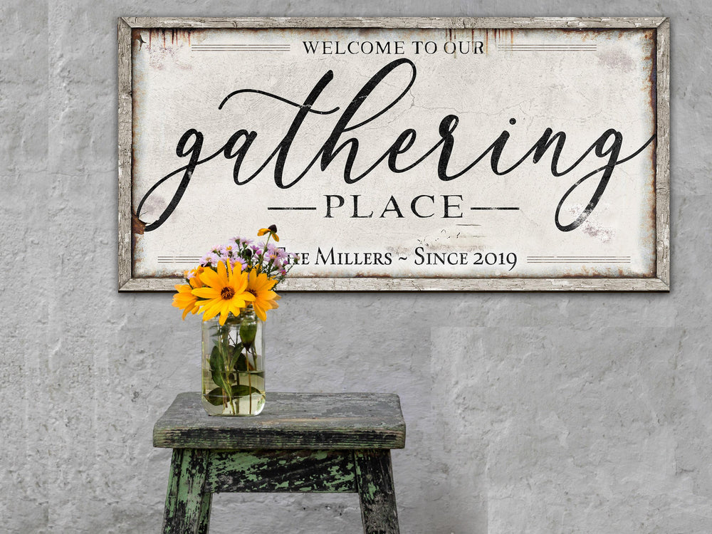 The Gathering Place Sign | Last Name Est Date | Modern Farmhouse Personalized Name Sign on Large Metal or Canvas | Vintage Home Wall Decor