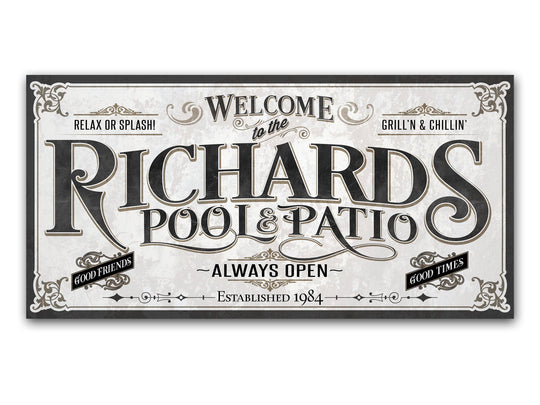 Personalized Pool & Patio Sign | Customized Pool Sign | Large Personalized Family Name Pool and Patio Sign | Large Metal or Canvas Wall Art
