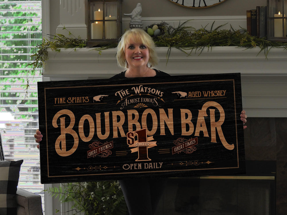 Bourbon Bar Sign | Distressed Wood Grain Bourbon Bar | Family Name Bourbon Bar Sign | Personalized Name Sign for Bar Decor