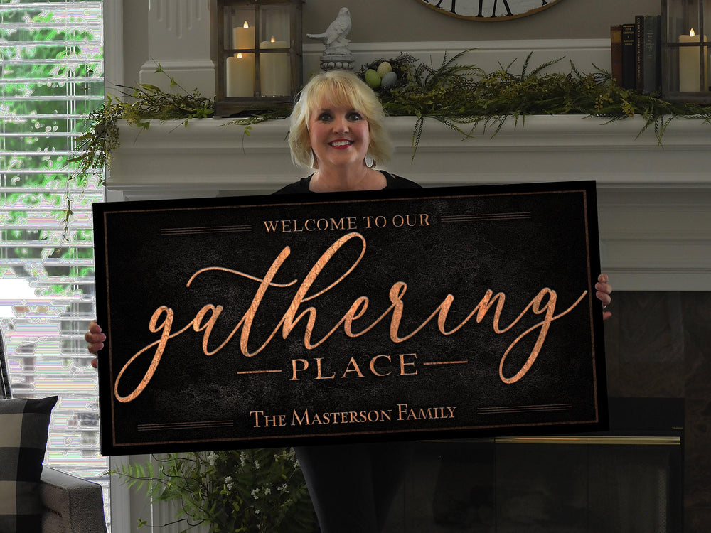 The Gathering Place Sign | Last Name Est Date | Dark Vintage Personalized Name Sign | Rustic Large Metal or Canvas | Vintage Home Wall Decor