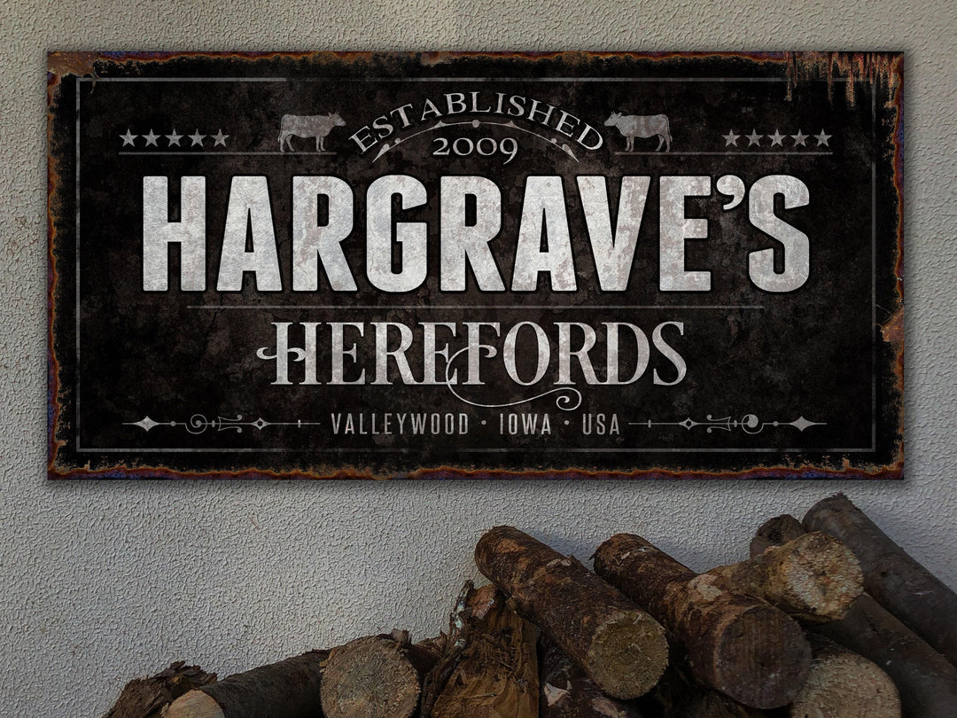 Hereford Cattle Ranch Sign | Last Name Farmhouse Sign | Black Farmhouse Sign | Ranch House Plans | Farm Wall Decor | Distressed Sign