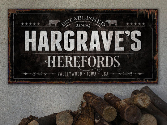 Hereford Cattle Ranch Sign | Last Name Farmhouse Sign | Black Farmhouse Sign | Ranch House Plans | Farm Wall Decor | Distressed Sign