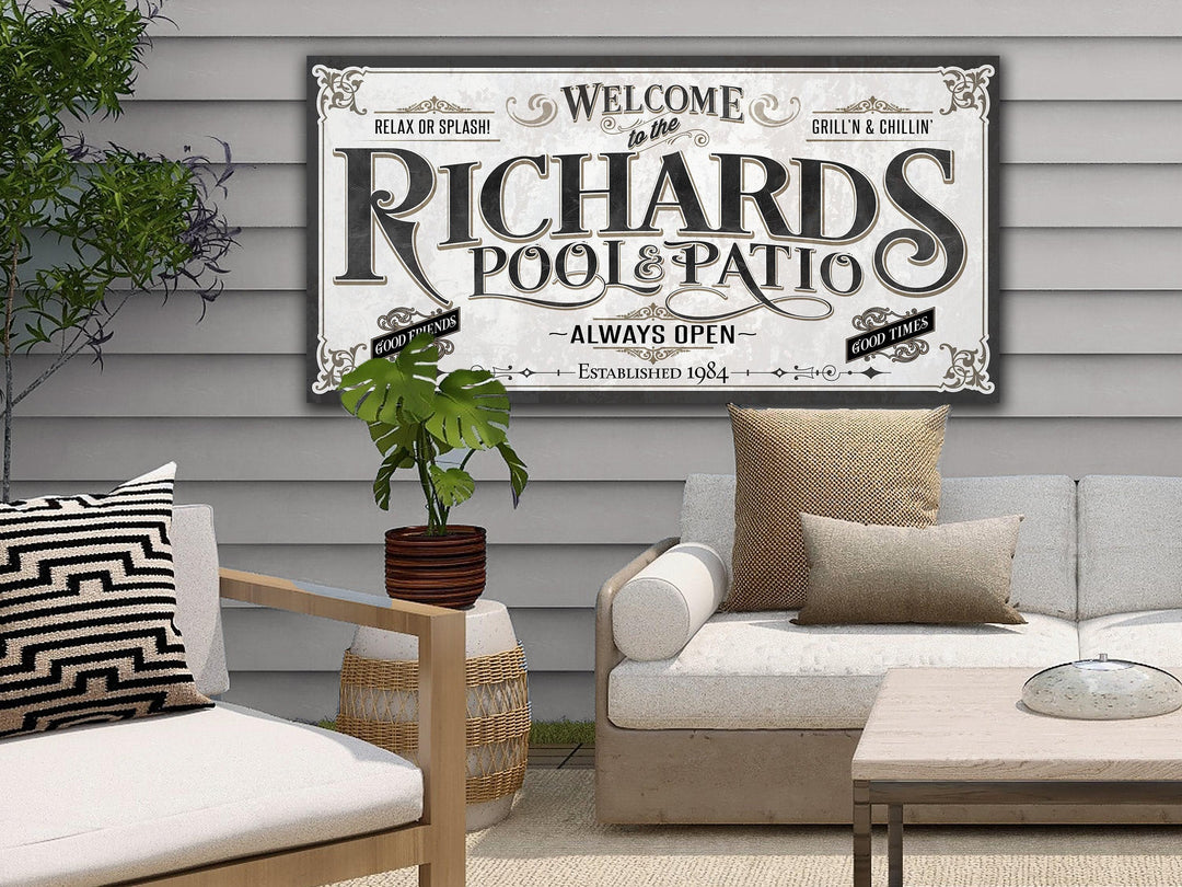 Personalized Pool & Patio Sign | Customized Pool Sign | Large Personalized Family Name Pool and Patio Sign | Large Metal or Canvas Wall Art