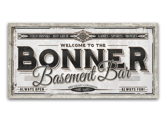 Personalized Basement Bar Sign - Metal or Canvas | Custom Basement Bar Sign | Personalized Family Basement Sign | Large Metal Wall Art