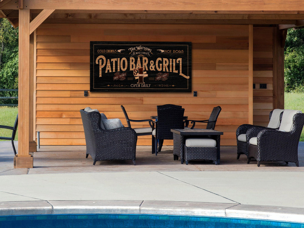 Patio Bar & Grill Sign | Patio Sign | Distressed Wood Grain Patio Bar | Family Name Patio Bar Sign | Personalized Name Sign for the Patio