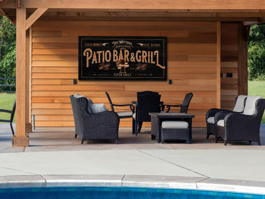 Patio Bar & Grill Sign | Patio Sign | Distressed Wood Grain Patio Bar | Family Name Patio Bar Sign | Personalized Name Sign for the Patio