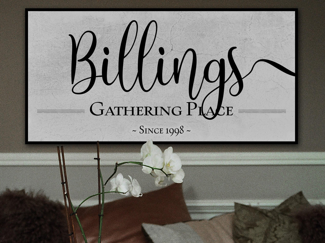 The Gathering Place Sign | Last Name Est Date | Modern Farmhouse Personalized Name Sign on Large Metal or Canvas | Vintage Home Wall Decor