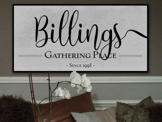 The Gathering Place Sign | Last Name Est Date | Modern Farmhouse Personalized Name Sign on Large Metal or Canvas | Vintage Home Wall Decor