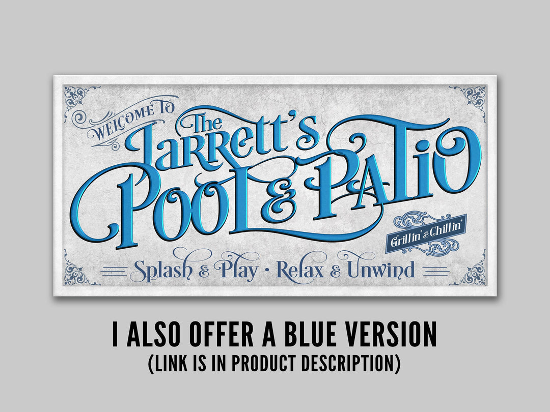 Personalized Pool & Patio on Metal or Canvas! | Custom Family Name Sign | Modern Farmhouse Sign | Teal Blue Patio Decor | Custom Pool Sign