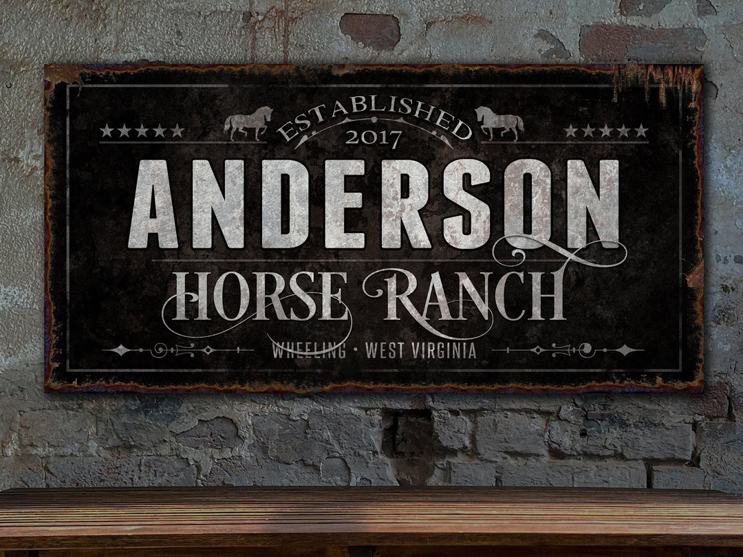 Horse Ranch Sign | Last Name Farmhouse Dark Sign | Dark Farmhouse Sign | Ranch House Plans | Farm Wall Decor | Distressed Sign