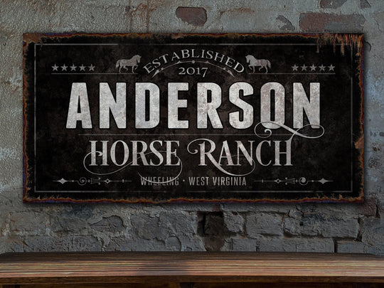 Horse Ranch Sign | Last Name Farmhouse Dark Sign | Dark Farmhouse Sign | Ranch House Plans | Farm Wall Decor | Distressed Sign