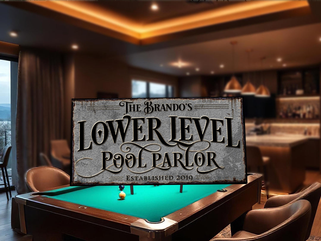Personalized Lower Level Pool Billiards Parlor Sign.
