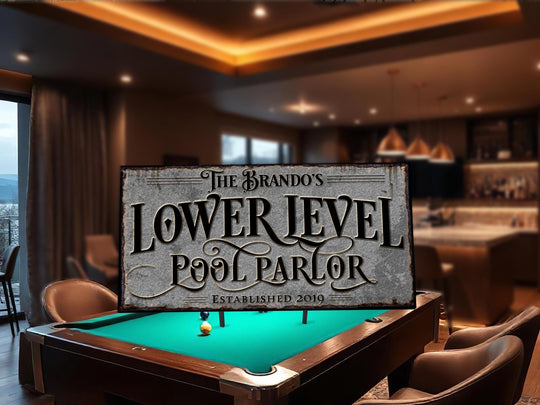 Personalized Lower Level Pool Billiards Parlor Sign.