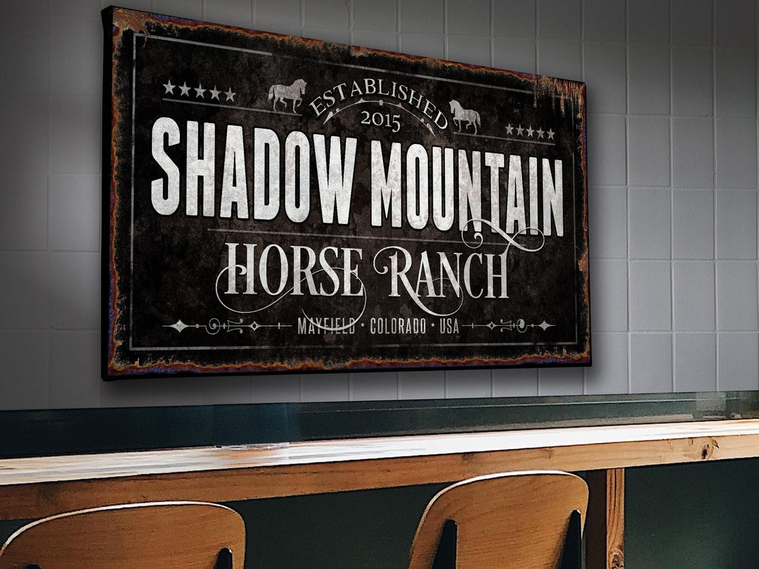 Horse Ranch Sign | Last Name Farmhouse Dark Sign | Dark Farmhouse Sign | Ranch House Plans | Farm Wall Decor | Distressed Sign