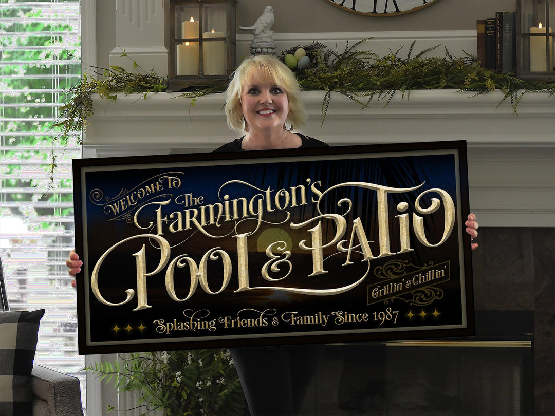 Personalized Pool & Patio on Metal or Canvas! | Custom Family Name Sign | Modern Farmhouse Sign | Summer Sunset Palm Tree Pool Decor Sign