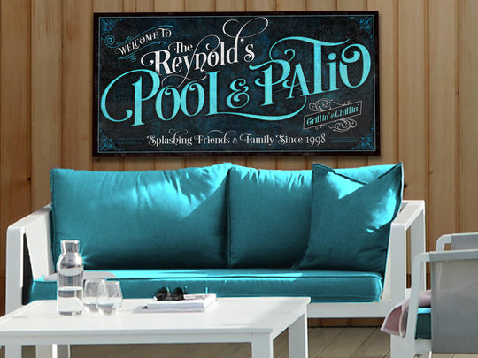 Personalized Pool & Patio on Metal or Canvas! | Custom Family Name Sign | Modern Farmhouse Sign | Dark Blue Patio Decor | Custom Pool Sign