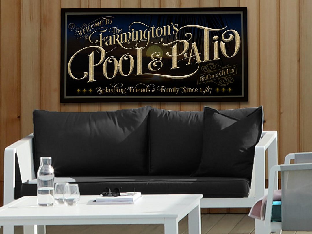Personalized Pool & Patio on Metal or Canvas! | Custom Family Name Sign | Modern Farmhouse Sign | Summer Sunset Palm Tree Pool Decor Sign