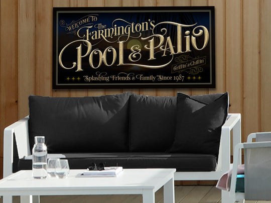 Personalized Pool & Patio on Metal or Canvas! | Custom Family Name Sign | Modern Farmhouse Sign | Summer Sunset Palm Tree Pool Decor Sign