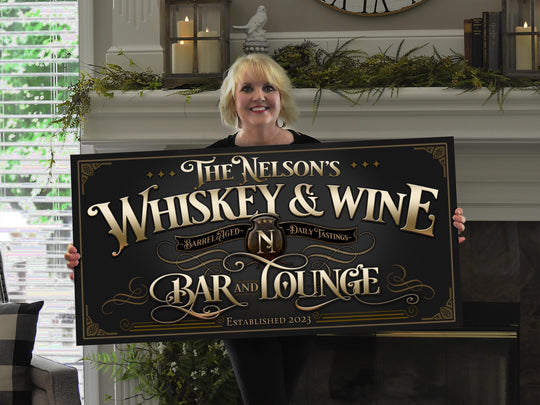 Whiskey & Wine Bar Sign personalized with your family name, family monogram and established year.