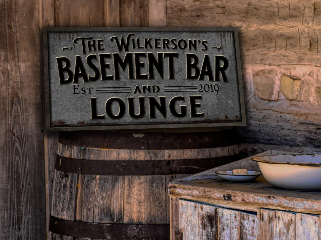 This custom, pewter-styled, Basement Bar and Lounge Sign looks very much like it is actually an embossed pewter sign.  However, I created this vivid 3D look within my art so  the sign is not actually embossed :)