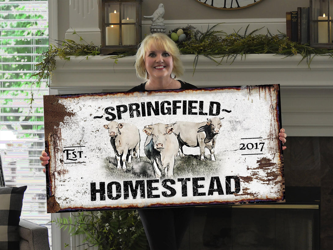 Primitive Charolais Cattle Ranch Sign | Last Name Homestead Sign | Farmhouse Sign | Cattle Farm Sign | Cattle Ranch Sign | Distressed Sign