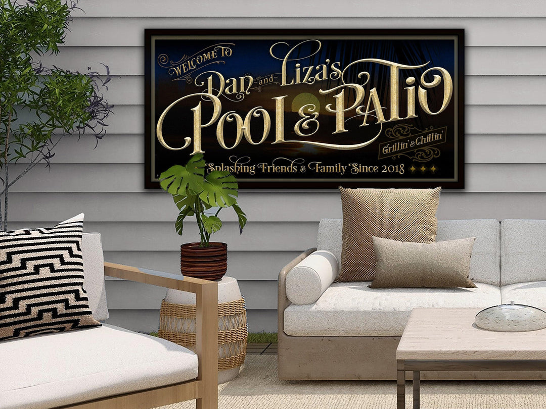 Personalized Pool & Patio on Metal or Canvas! | Custom Family Name Sign | Modern Farmhouse Sign | Summer Sunset Palm Tree Pool Decor Sign