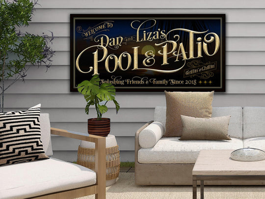 Personalized Pool & Patio on Metal or Canvas! | Custom Family Name Sign | Modern Farmhouse Sign | Summer Sunset Palm Tree Pool Decor Sign