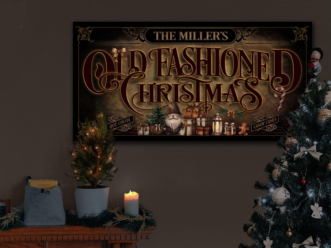Vintage Old Fashioned Christmas Sign with Primitive Santa and customized with your family name.