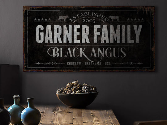 Black Angus Cattle Ranch Sign | Last Name Farmhouse Sign | Black Farmhouse Sign | Ranch House Plans | Farm Wall Decor | Distressed Sign